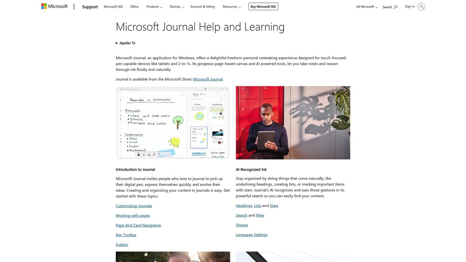 Microsoft Journal help and learning page