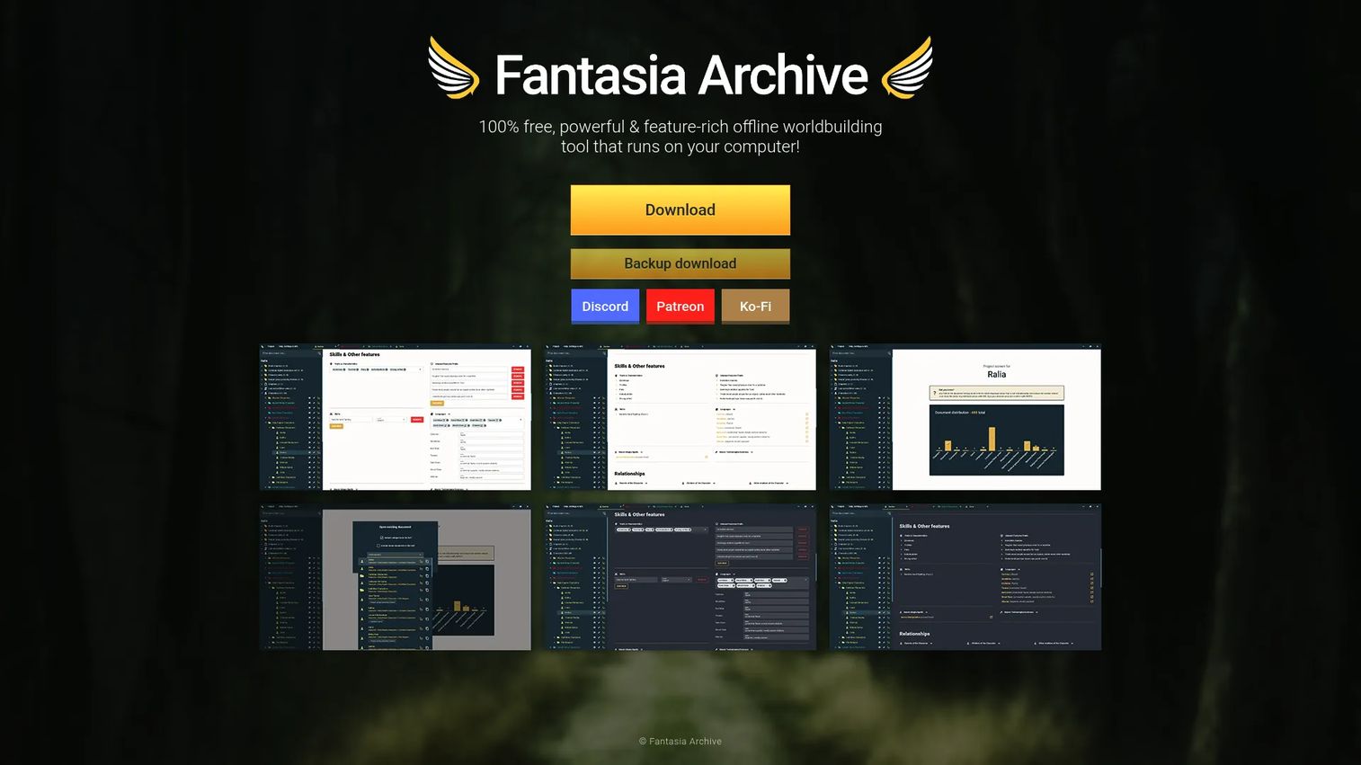 Fantasia Archive offline worldbuilding tool homepage