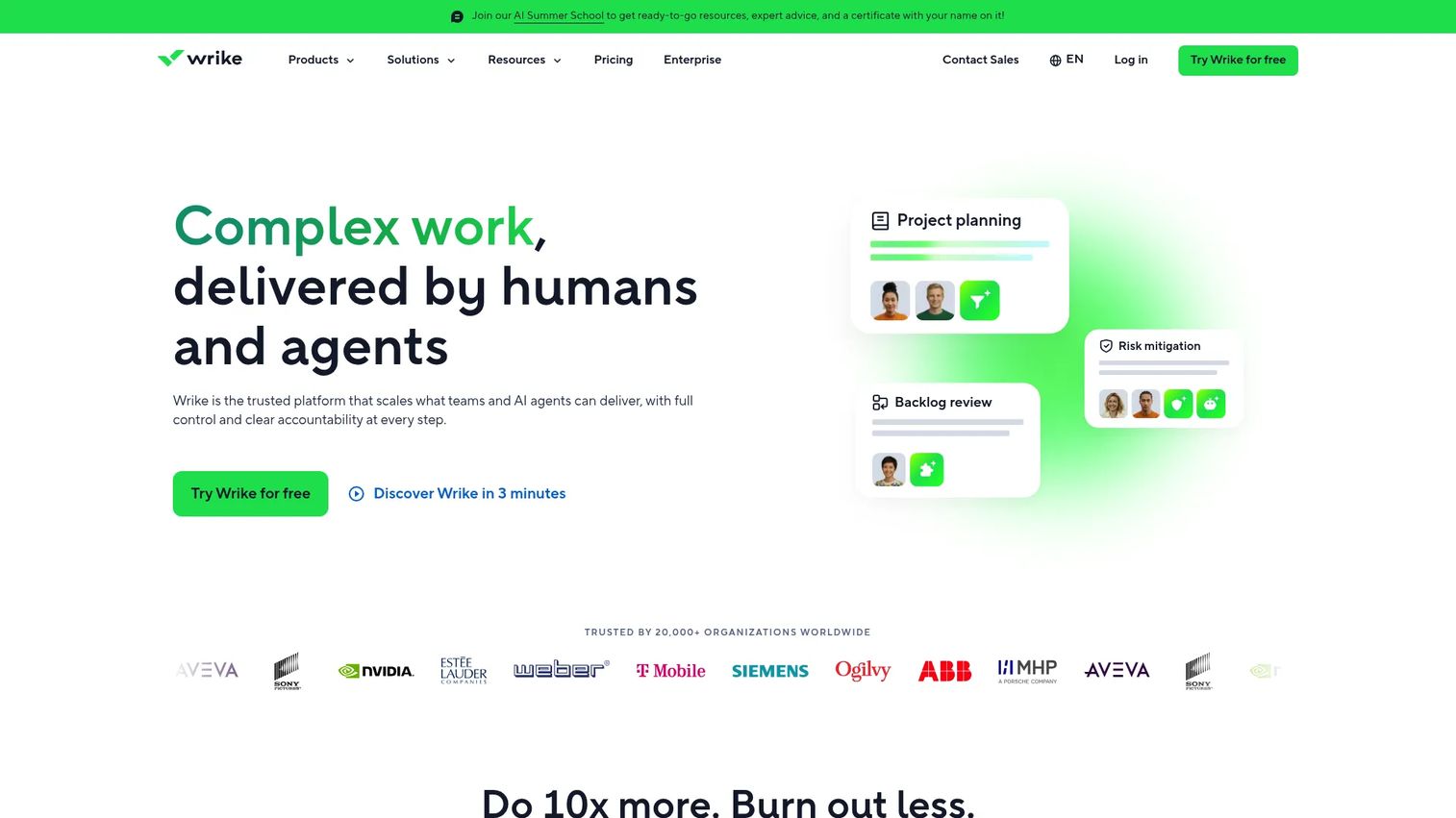 Wrike homepage showing structured project management with Gantt charts and reporting