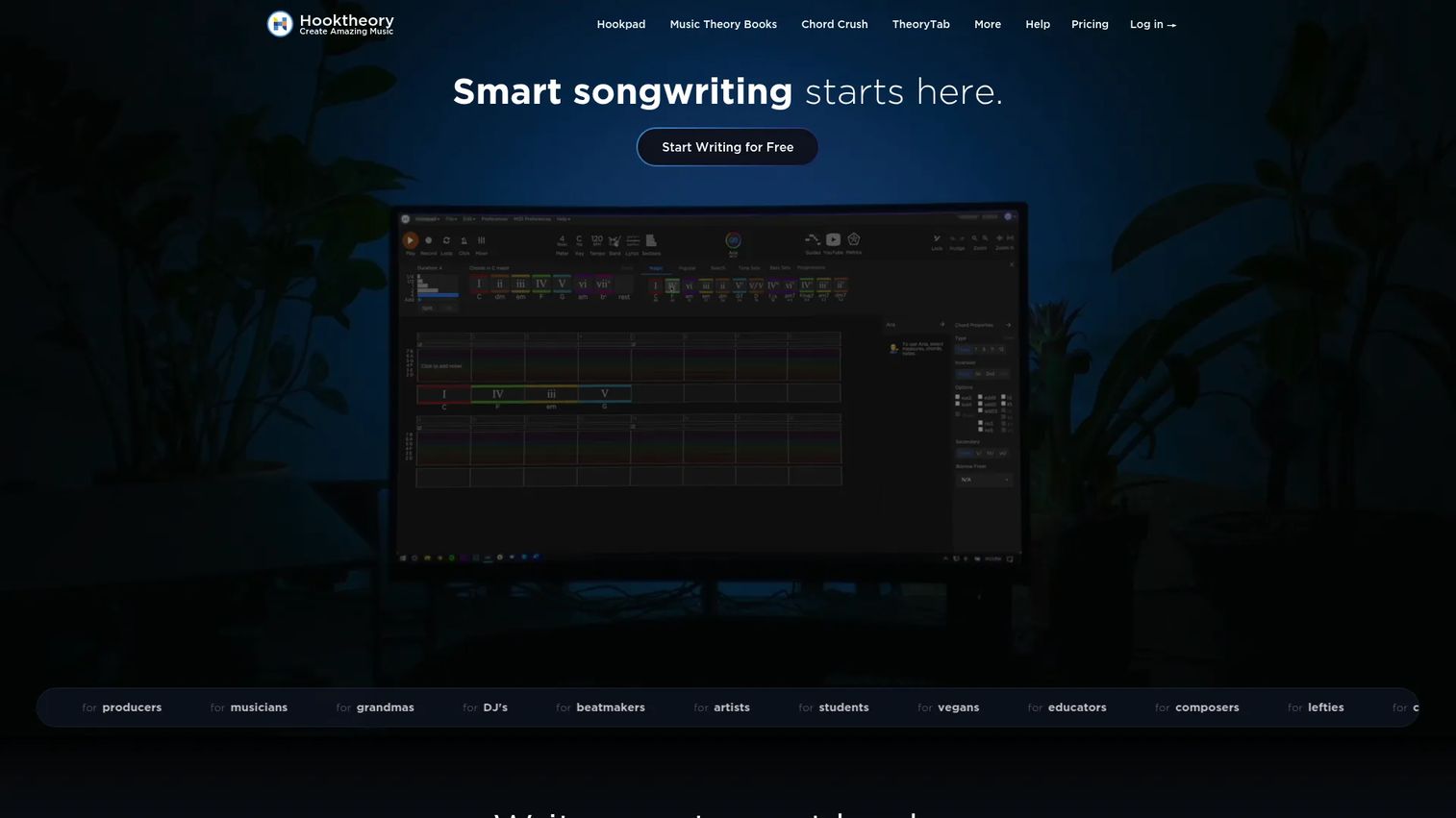 Hookpad browser-based songwriting software homepage