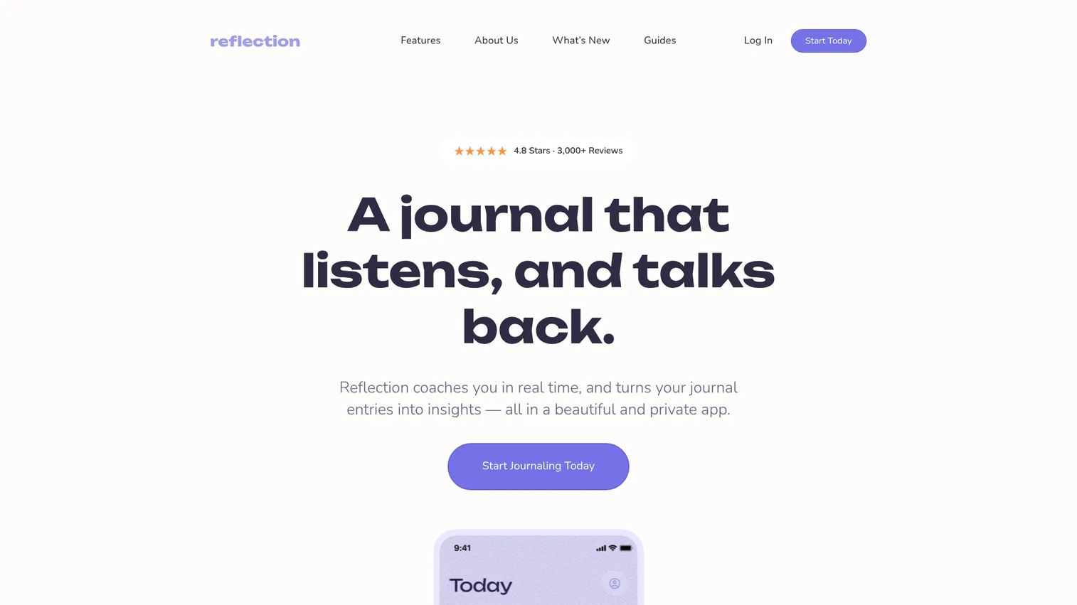 Reflection journaling app homepage