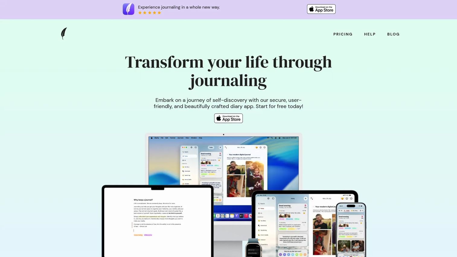 Diarly journaling app homepage