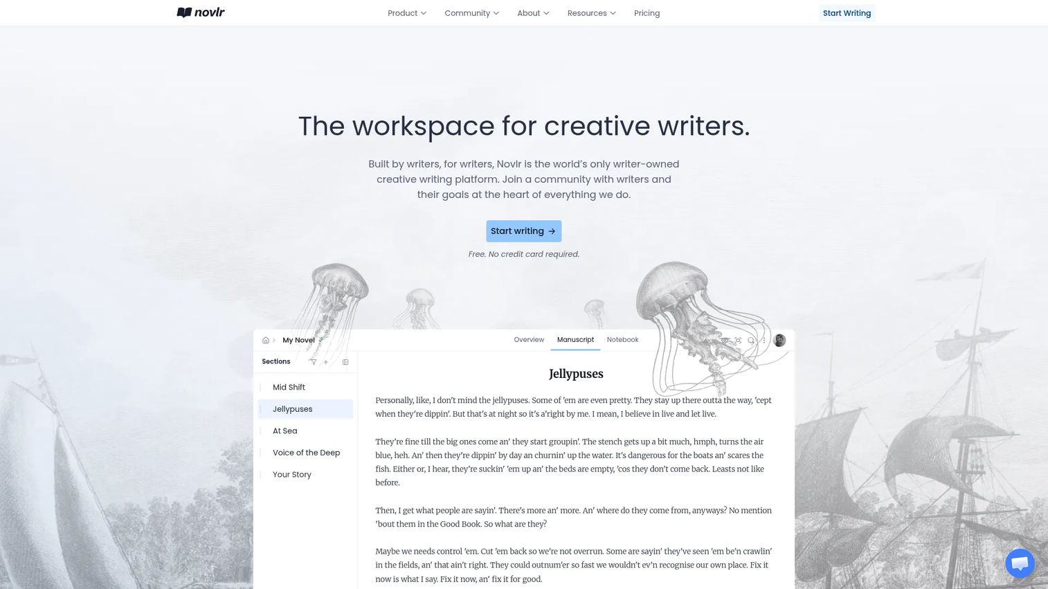 Novlr writing platform homepage