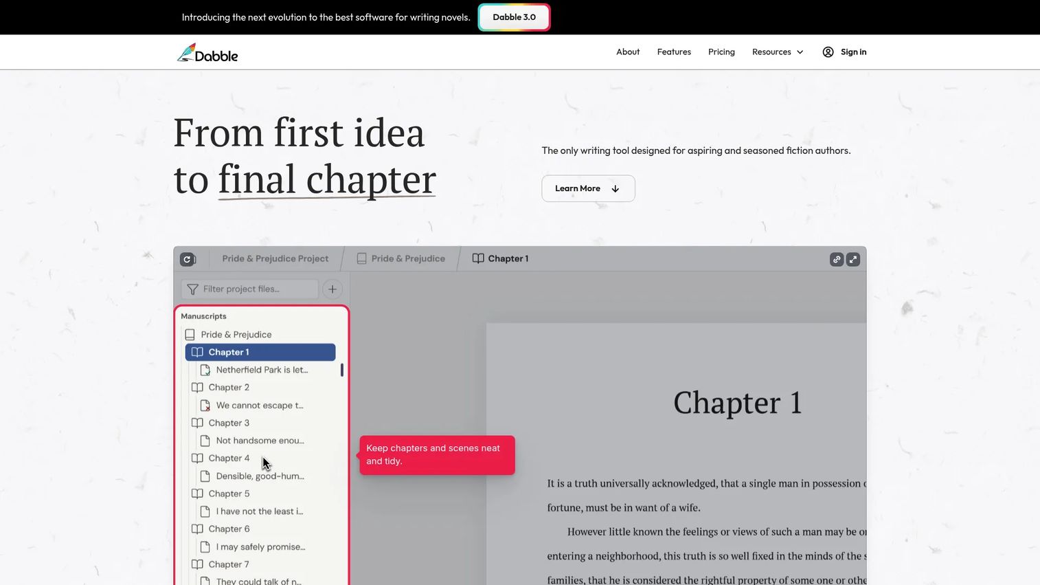 Dabble novel writing software homepage