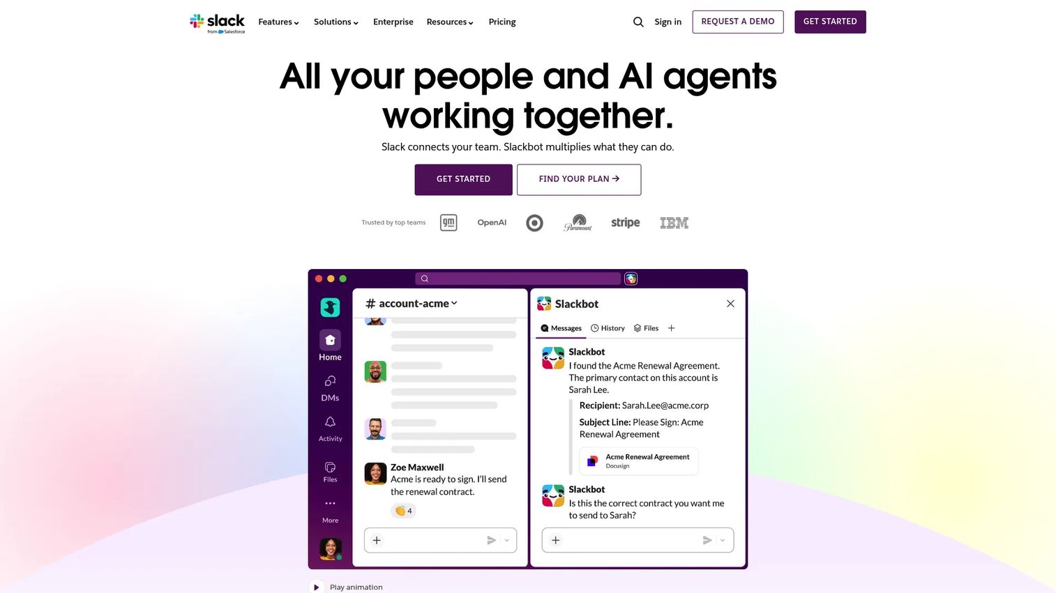 Slack homepage screenshot showing team collaboration messaging platform