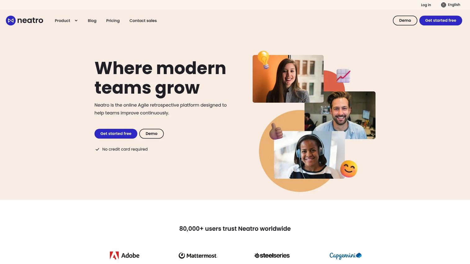 Neatro online agile retrospective platform homepage screenshot