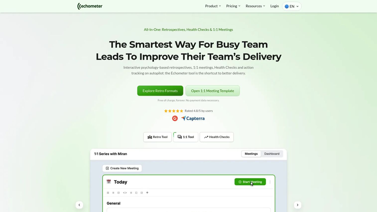 Echometer retrospective software homepage screenshot