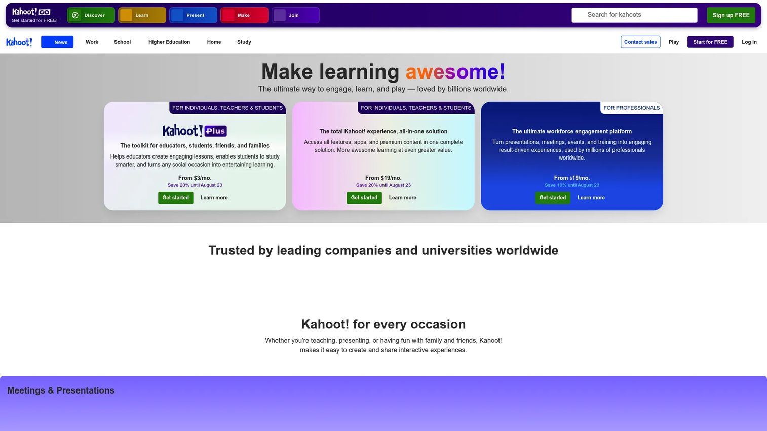 Kahoot! homepage screenshot
