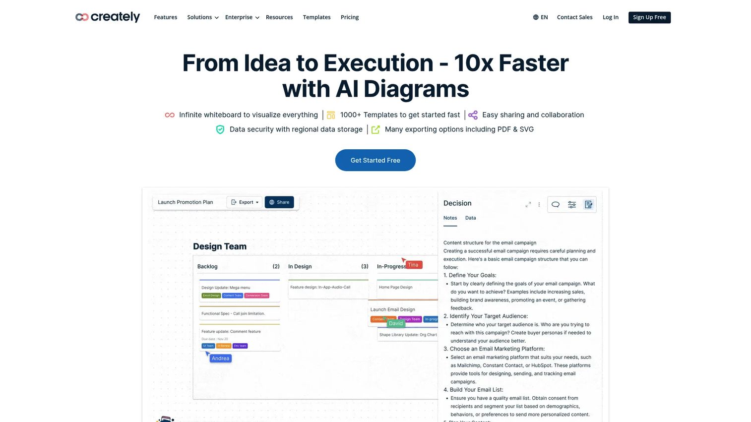 Creately visual collaboration and diagramming platform homepage showing canvas with flowcharts and project views
