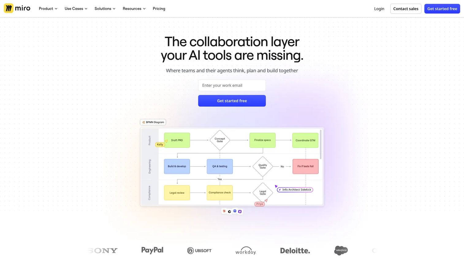 Miro AI-powered visual workspace homepage showing collaborative whiteboard with templates and sticky notes