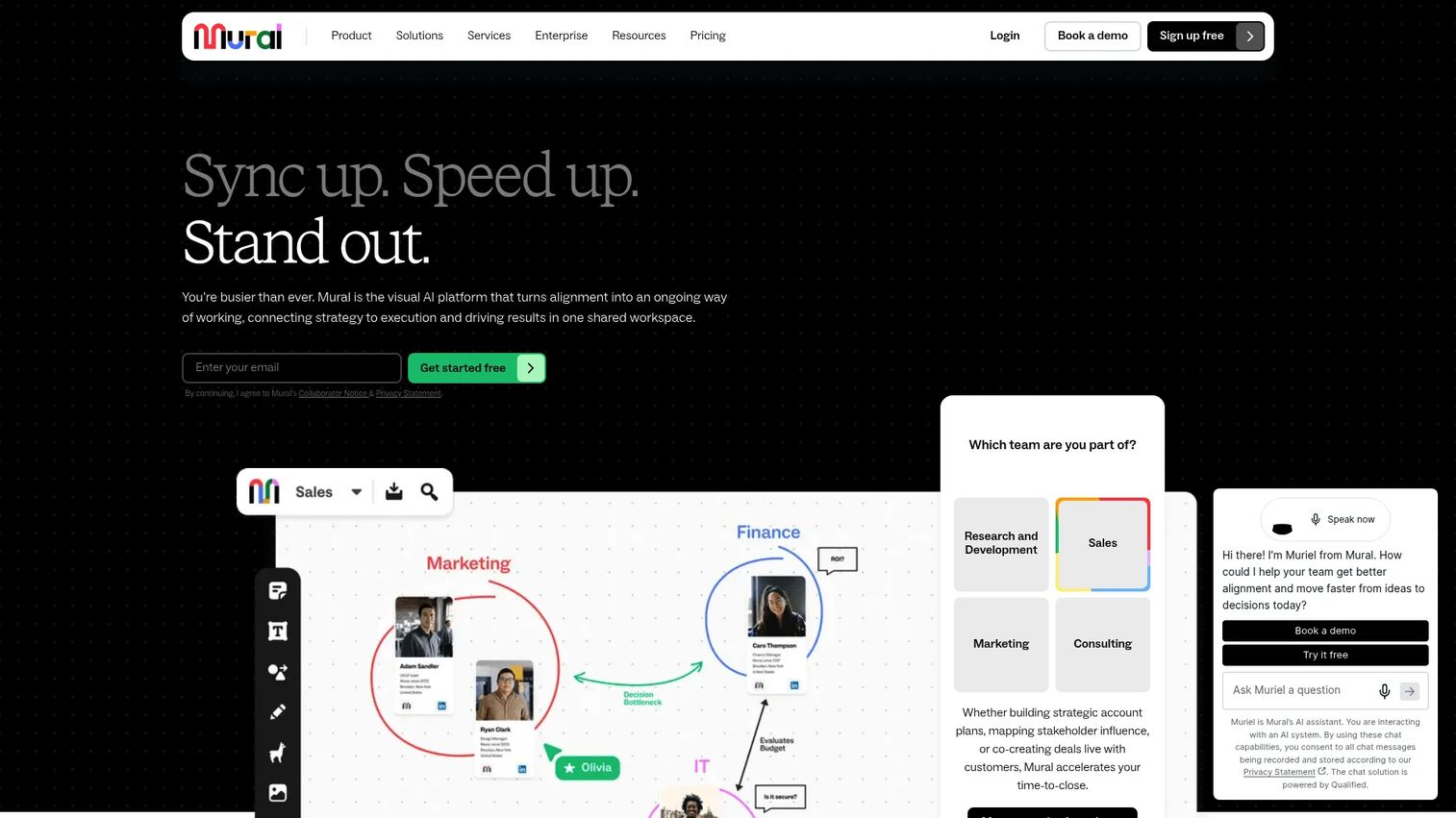 Mural visual collaboration platform homepage showing facilitated workshop canvas with sticky notes and timers