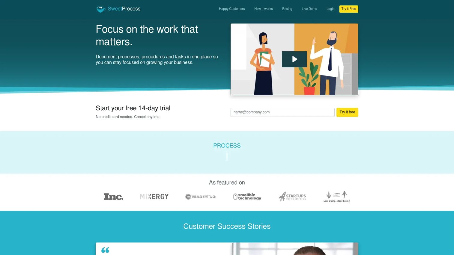 SweetProcess homepage screenshot