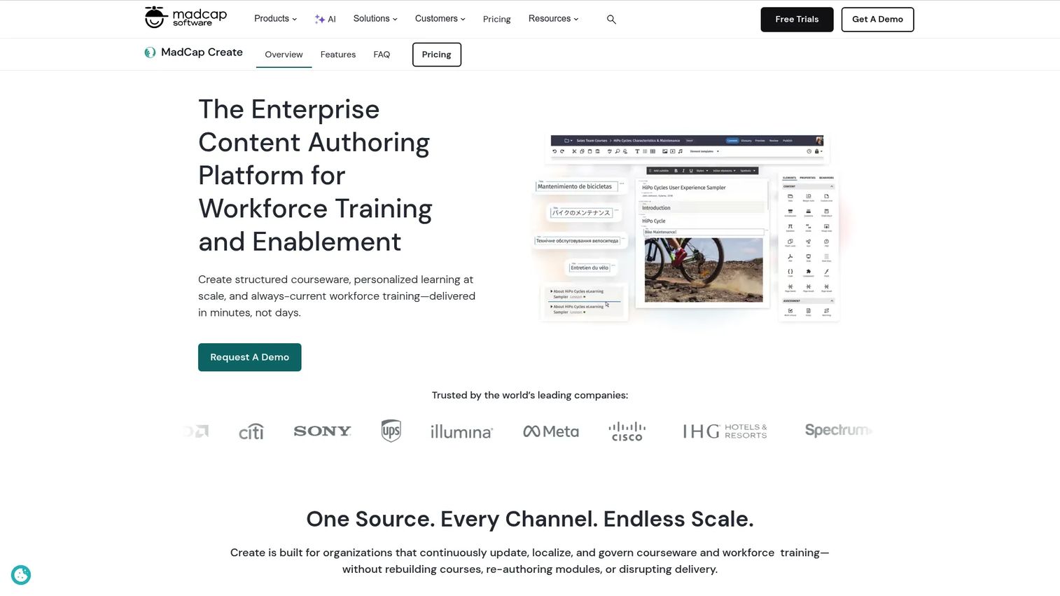 MadCap Create homepage screenshot showing the enterprise content management and eLearning authoring platform