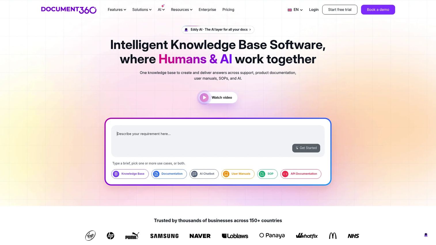 Document360 homepage screenshot showing the knowledge base and documentation governance platform