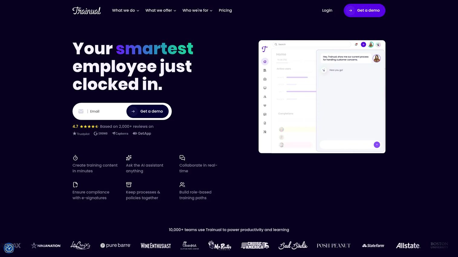 Trainual homepage screenshot showing the training and onboarding platform interface