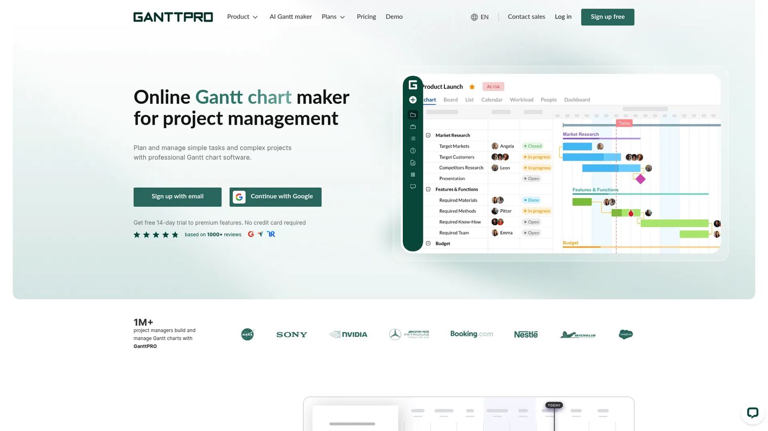 GanttPRO homepage screenshot showing Gantt chart project planning interface
