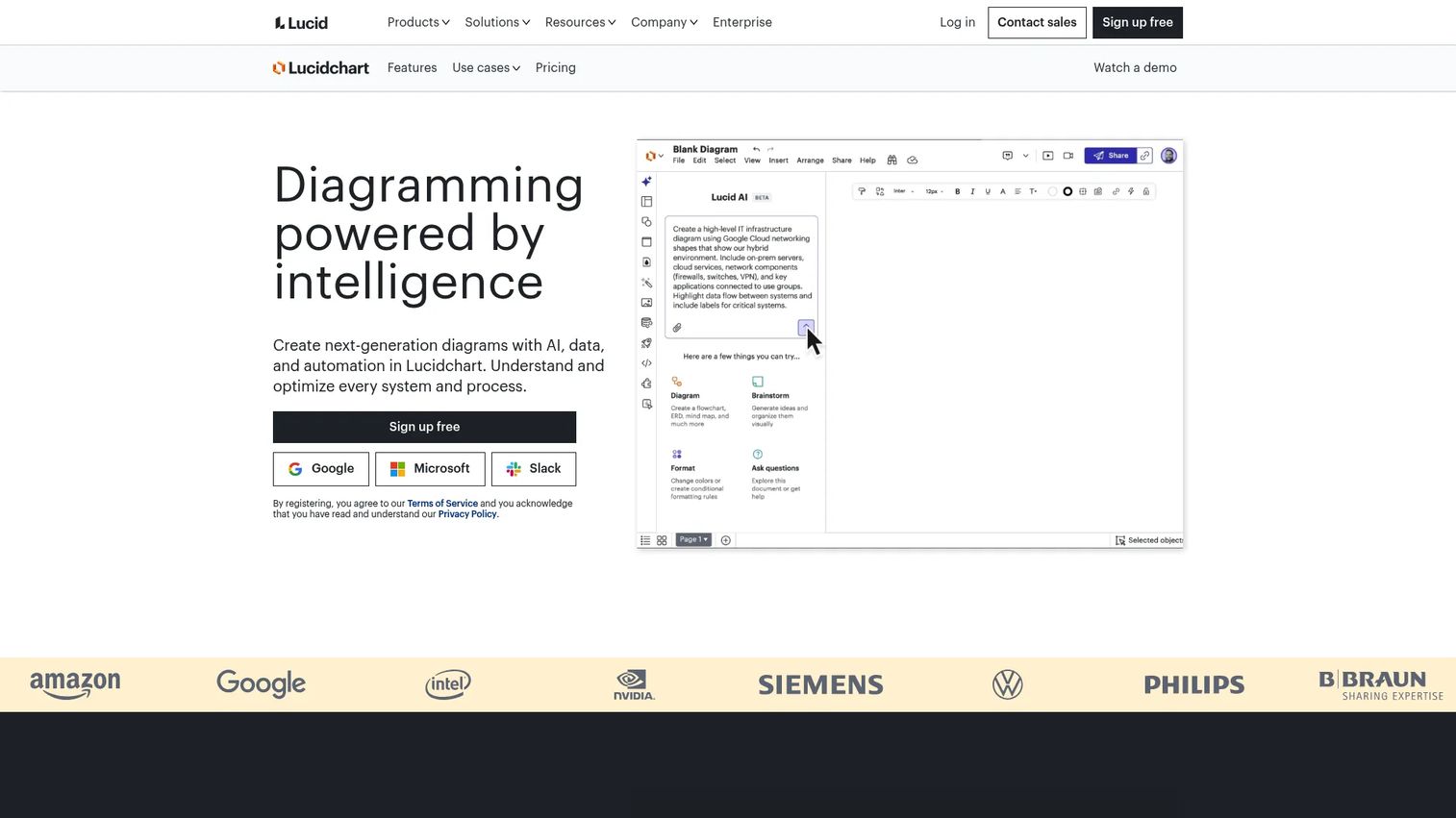Lucidchart homepage screenshot showing collaborative diagramming interface