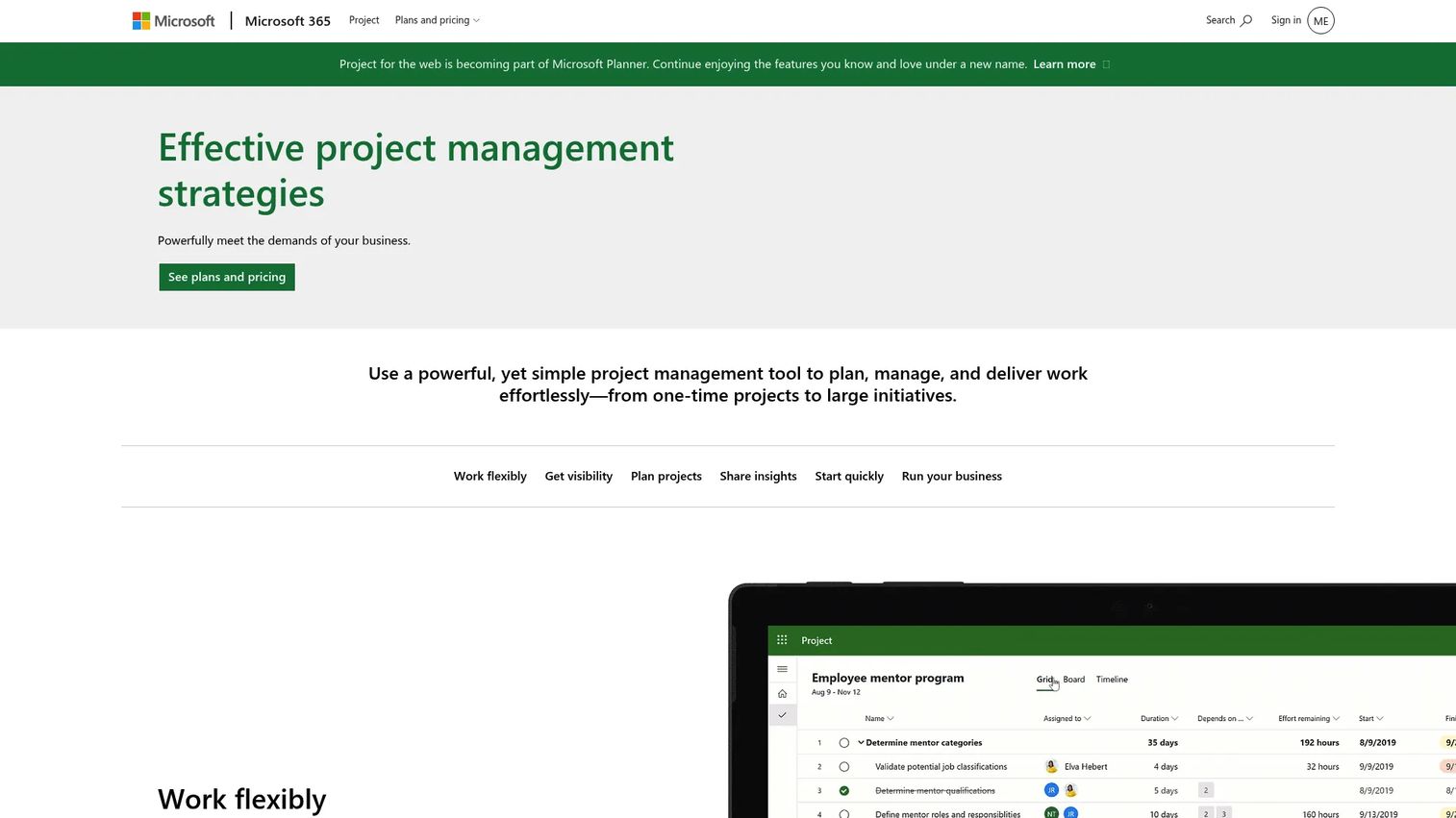 Microsoft Project homepage screenshot showing Planner and project management interface