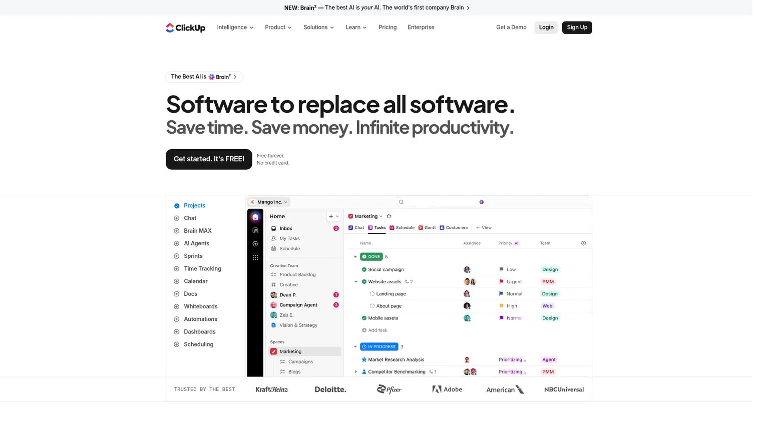 ClickUp homepage screenshot showing all-in-one work management platform