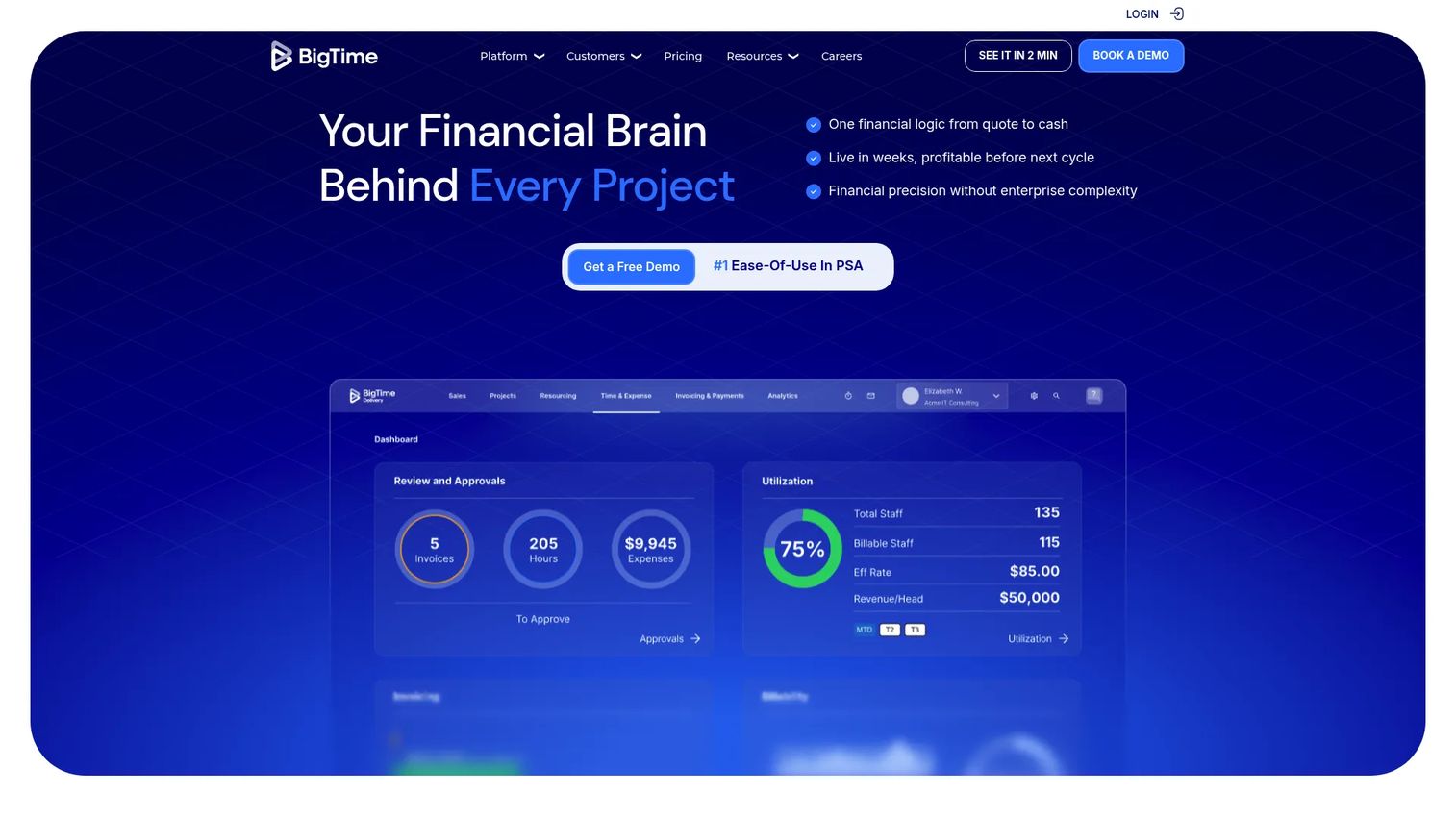 BigTime homepage screenshot showing professional services platform with time tracking, invoicing, and project financial management