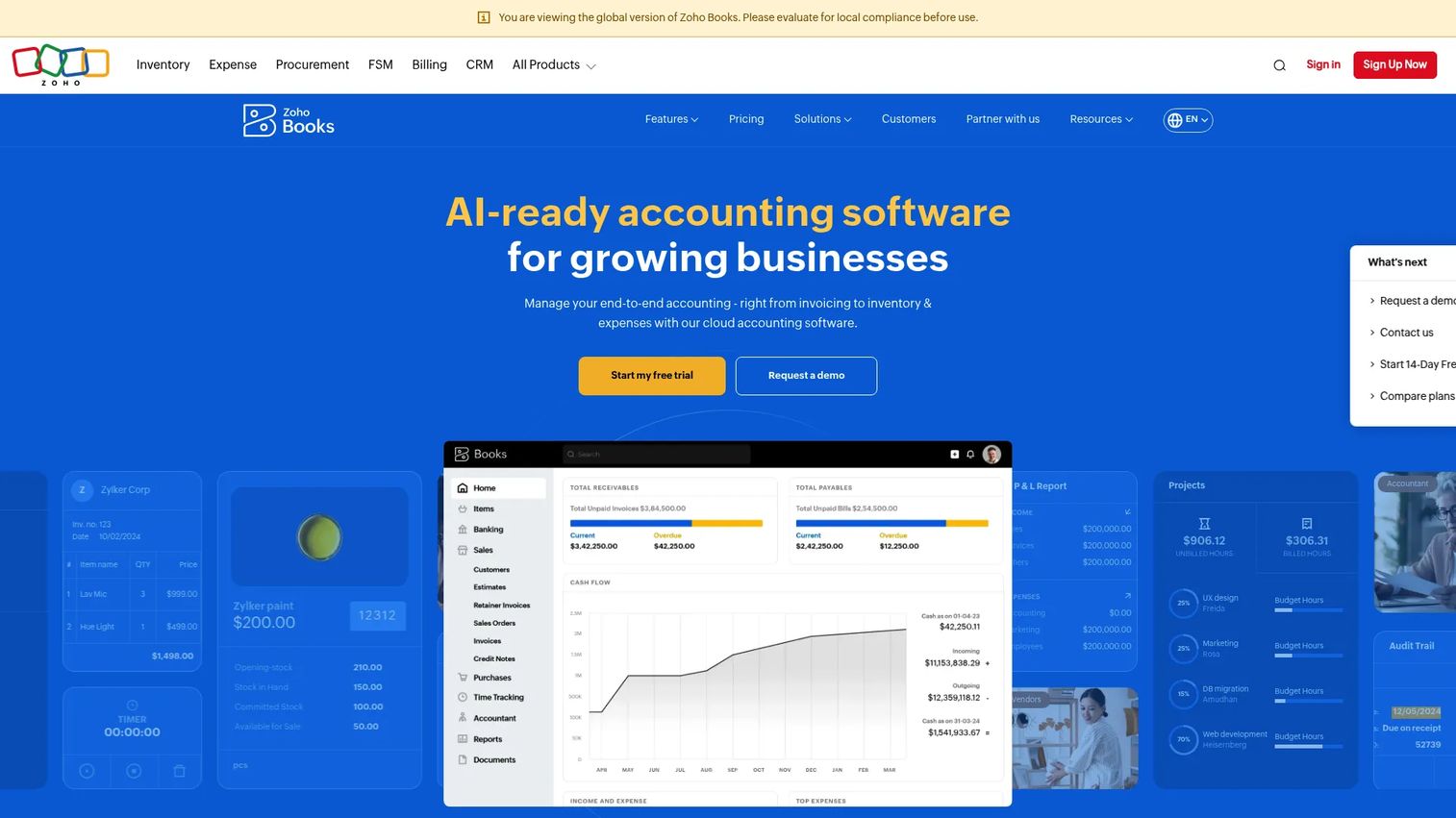 Zoho Books homepage screenshot showing cloud accounting software with invoicing, project tracking, and financial reporting