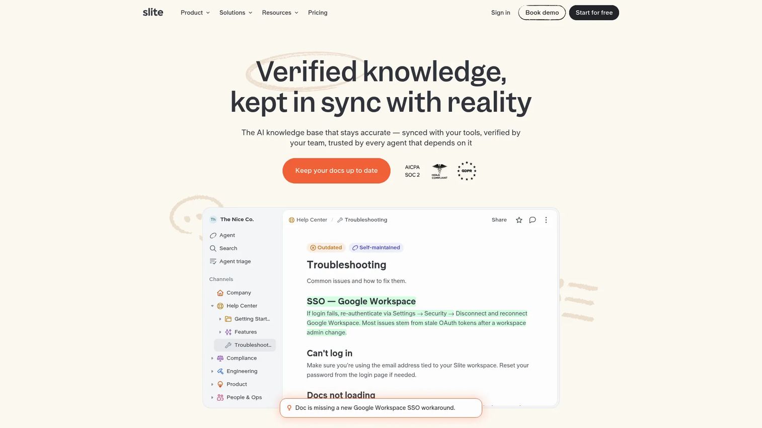 Slite AI team knowledge base interface
