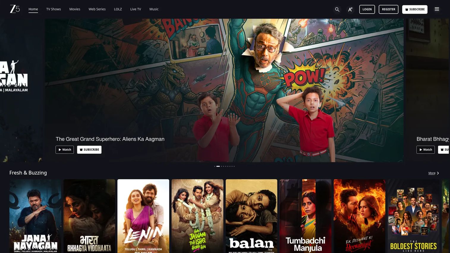 ZEE5 homepage screenshot