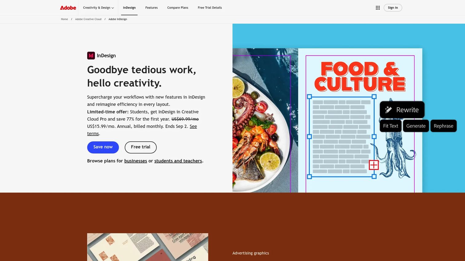 Adobe InDesign homepage screenshot