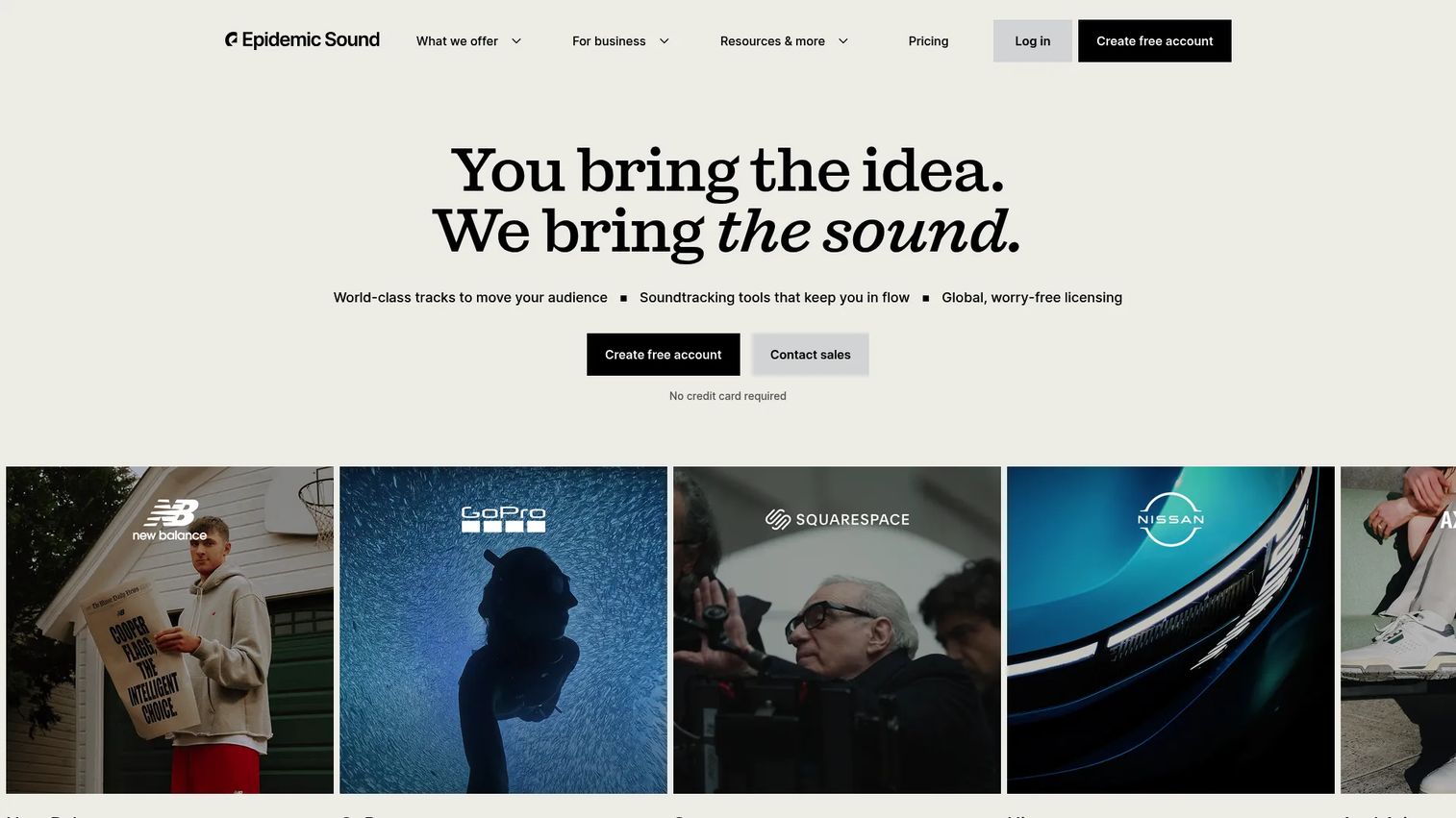 Epidemic Sound homepage screenshot
