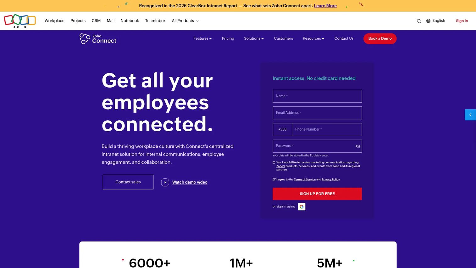 Zoho Connect homepage screenshot