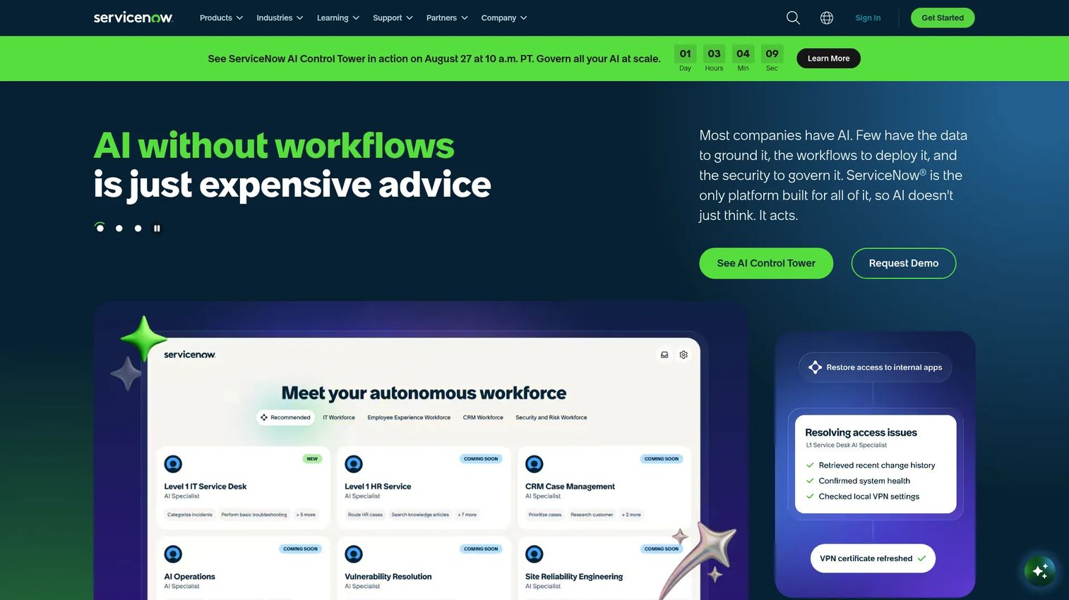ServiceNow homepage screenshot