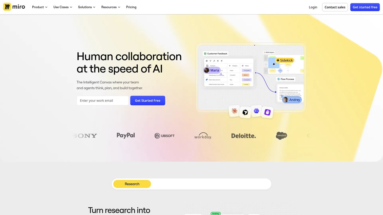 Miro homepage showing collaborative visual workspace with boards, diagrams, and templates