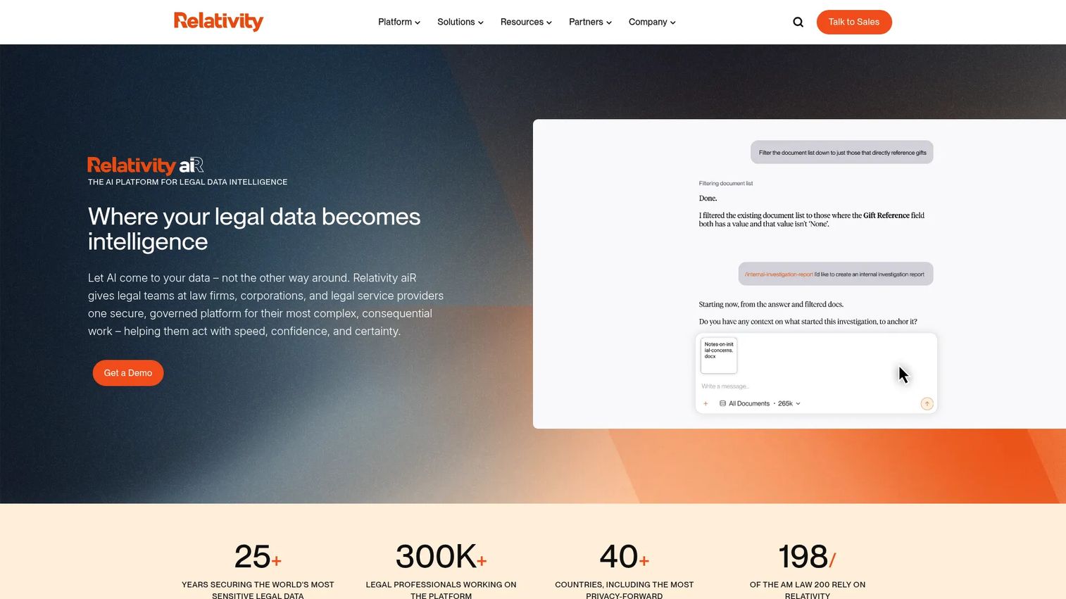 RelativityOne cloud eDiscovery platform showing AI-assisted document review, analytics, and legal investigation workflows