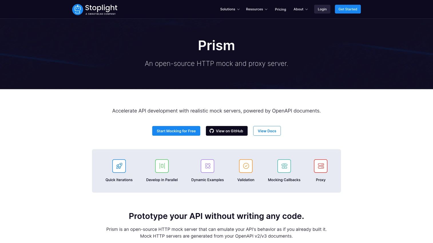 Prism OpenAPI mock server running from an API specification.