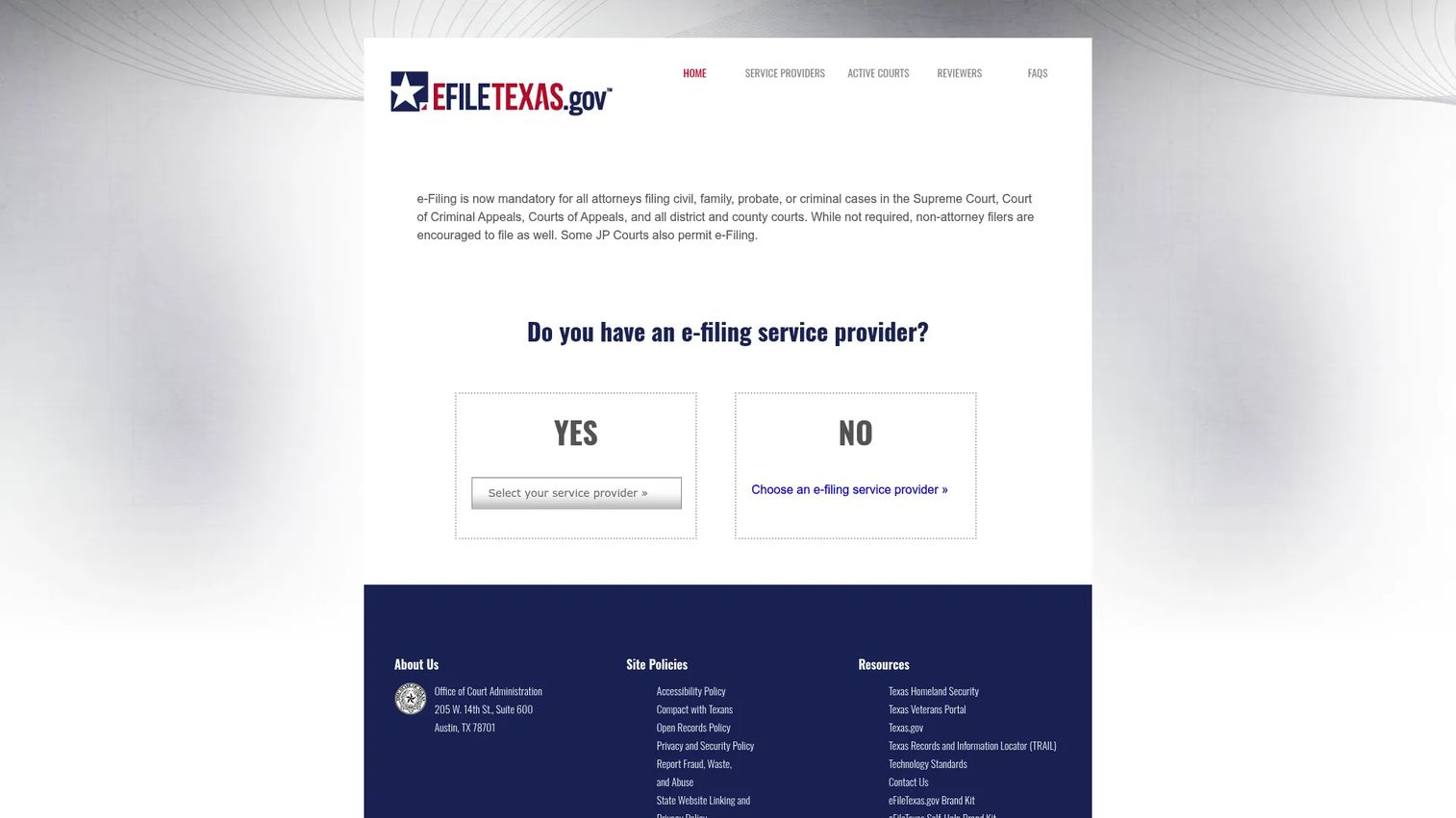 State provided electronic filing service provider page