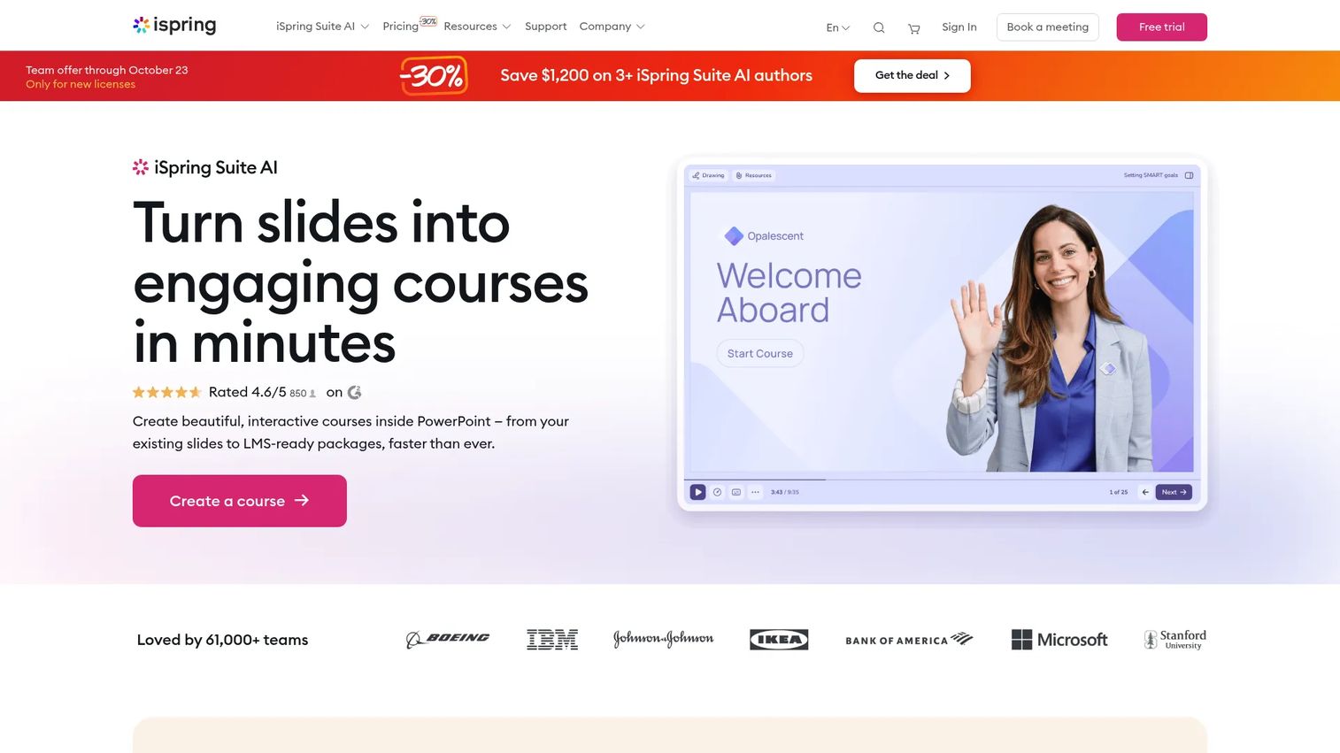 iSpring Suite authoring interface screenshot showing PowerPoint-based course creation