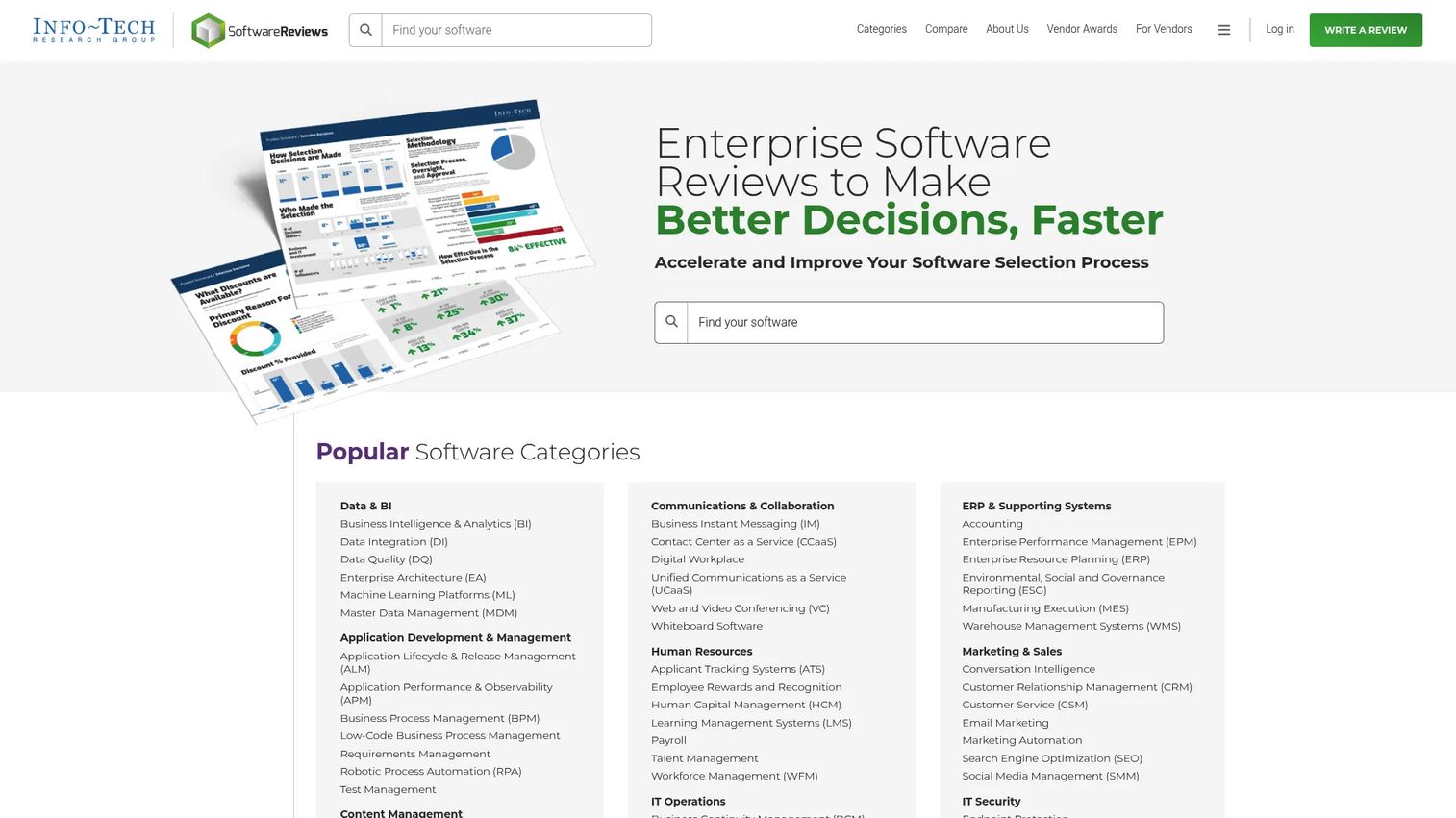 SoftwareReviews evaluation report showing software category rankings and buyer scorecards