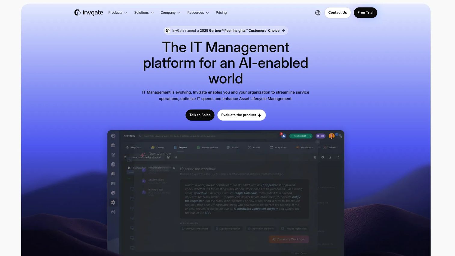 InvGate Service Management homepage screenshot