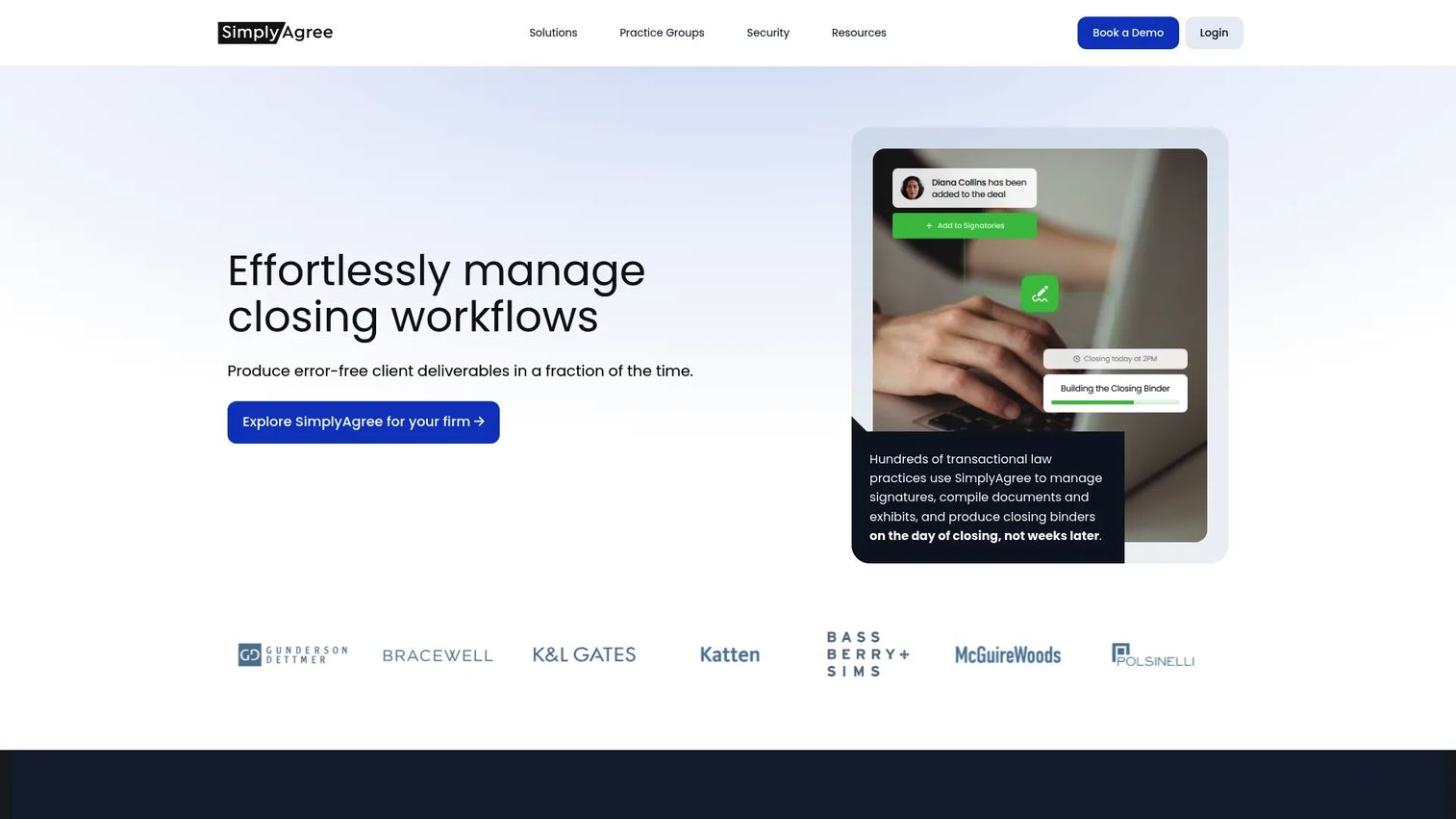 SimplyAgree homepage showing signature and closing book workflow for legal teams