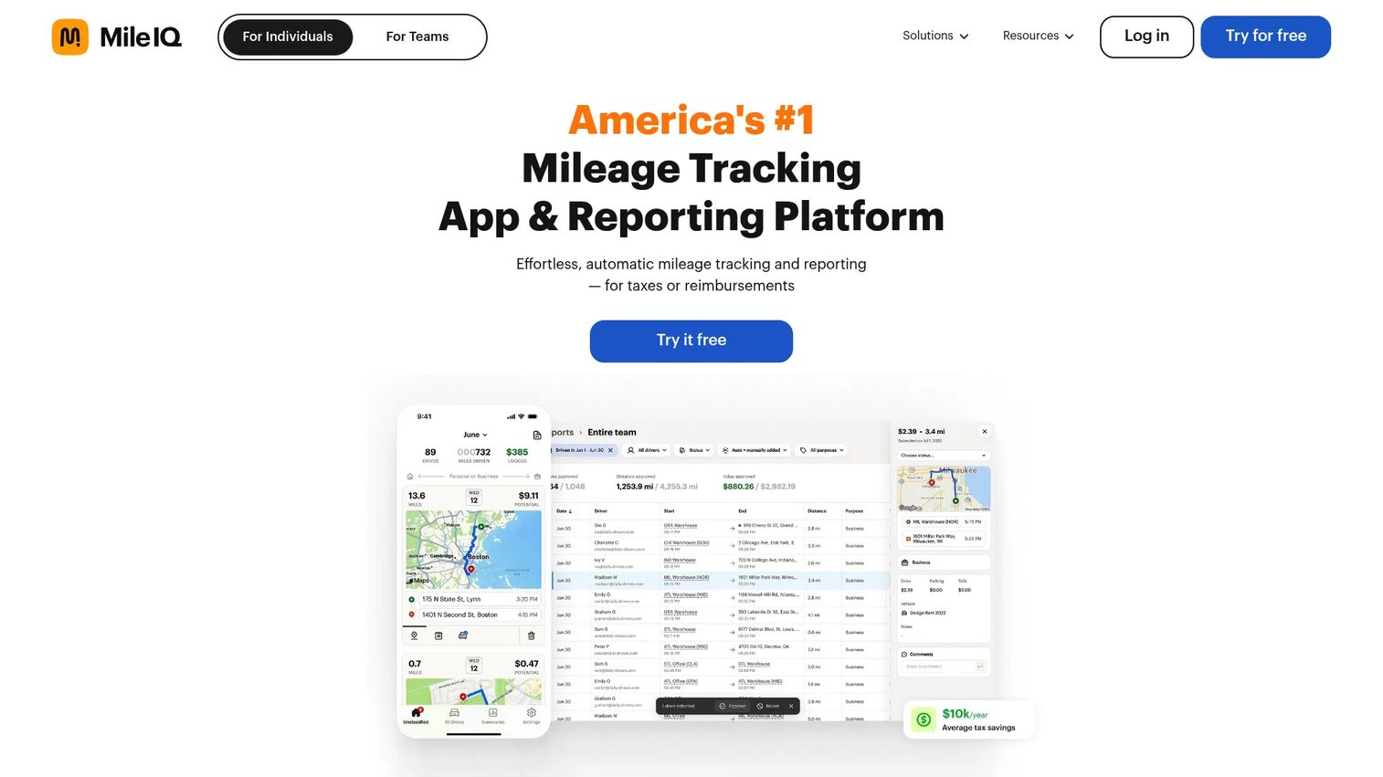 MileIQ mileage tracking app showing business and personal trip classification