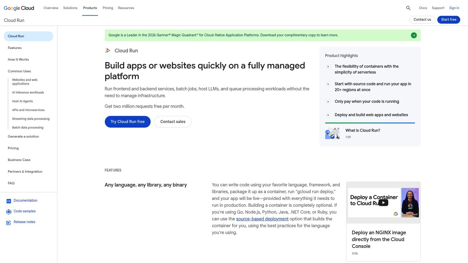Google Cloud Run homepage showing managed container platform for scalable web services and batch jobs