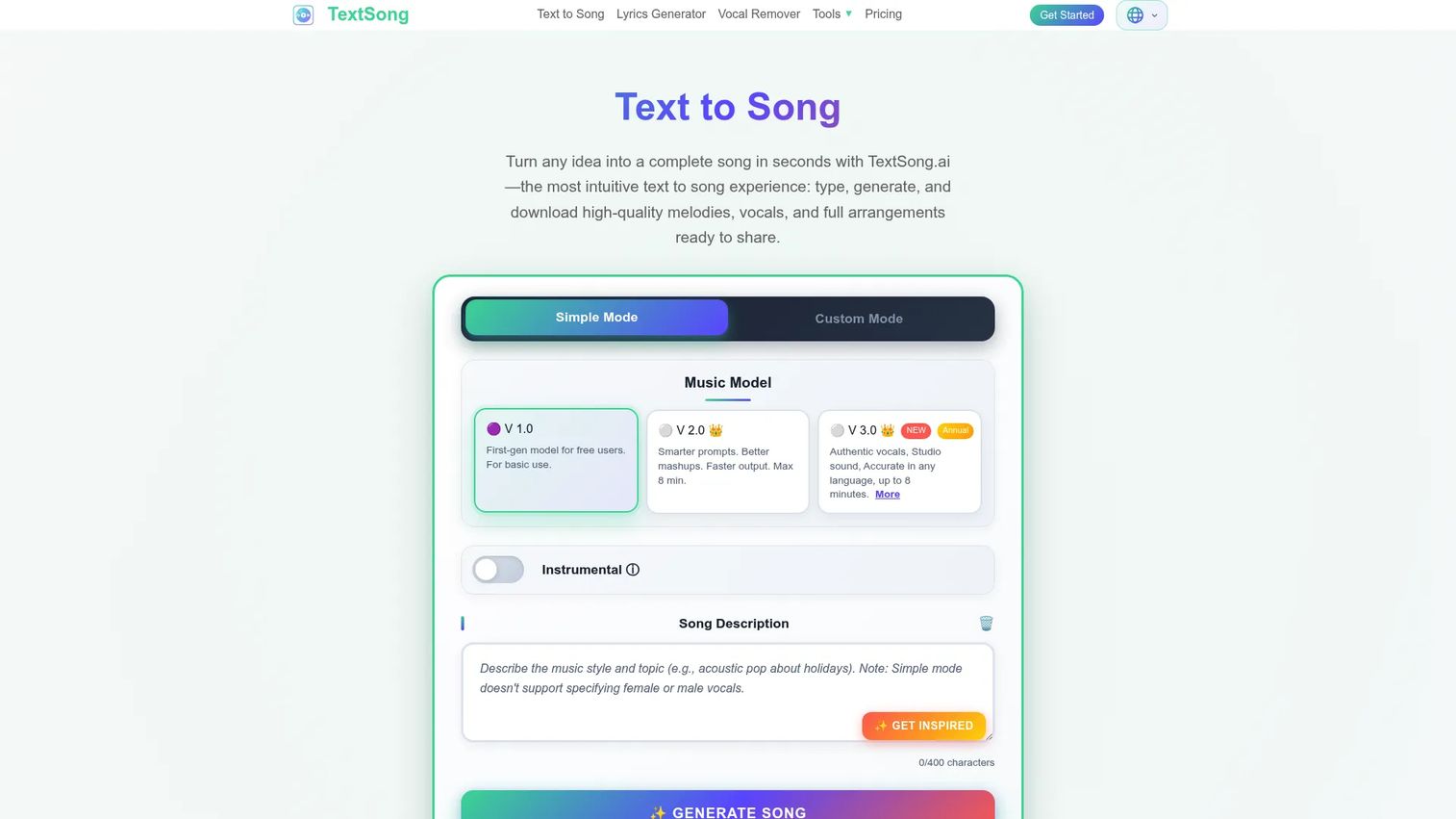TextSong.ai homepage screenshot