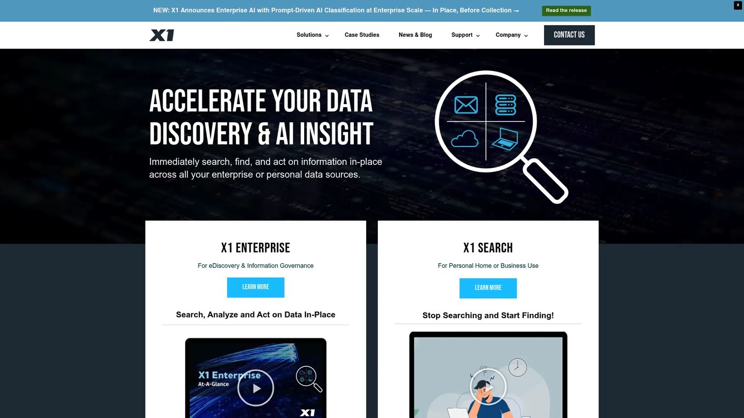 X1 Search homepage showing enterprise search, eDiscovery, and social media collection capabilities