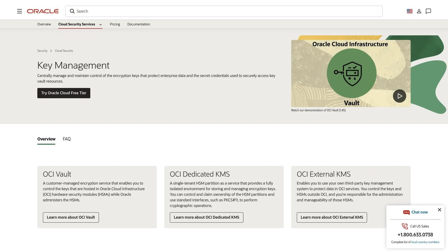 Oracle Cloud Infrastructure Vault homepage showing OCI-native key management and HSM support