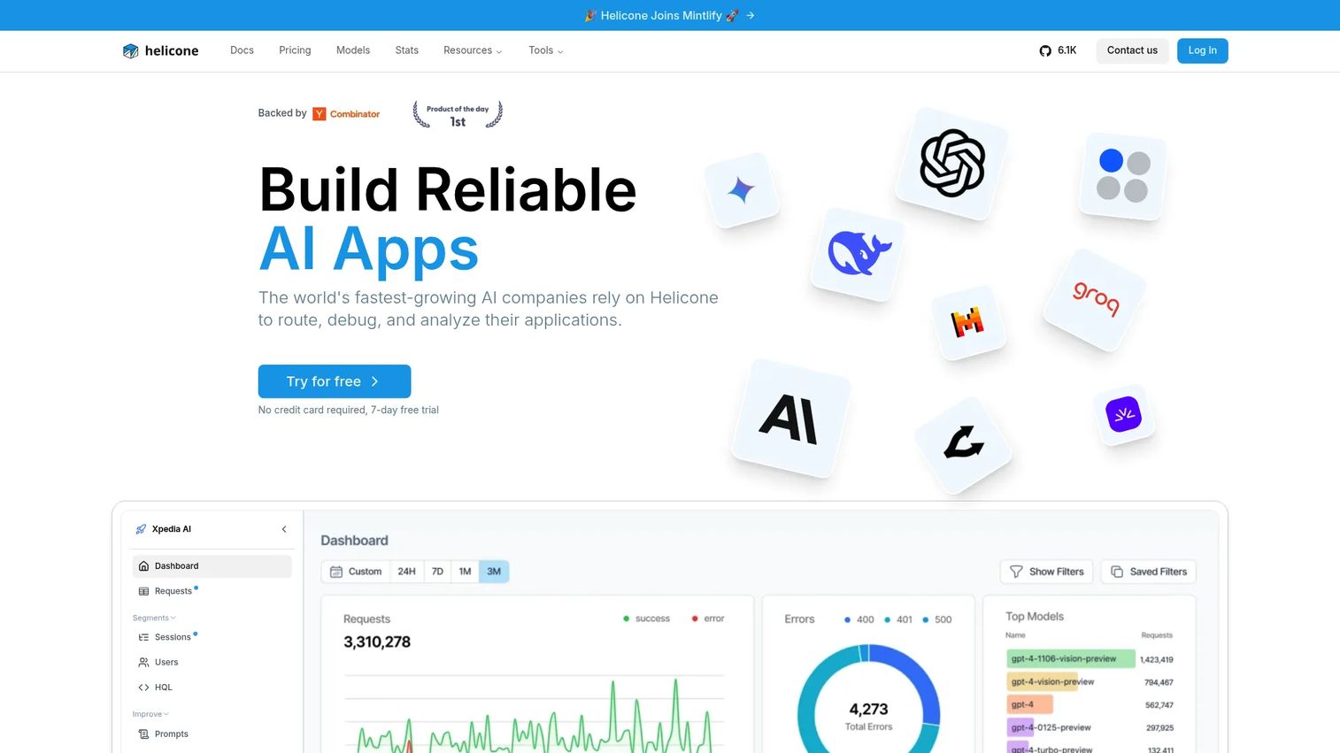 Helicone dashboard showing LLM request monitoring, spend, and latency metrics