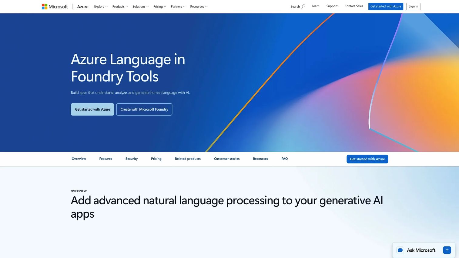 Microsoft Azure AI Language tools for text analytics, intent, and conversational language understanding
