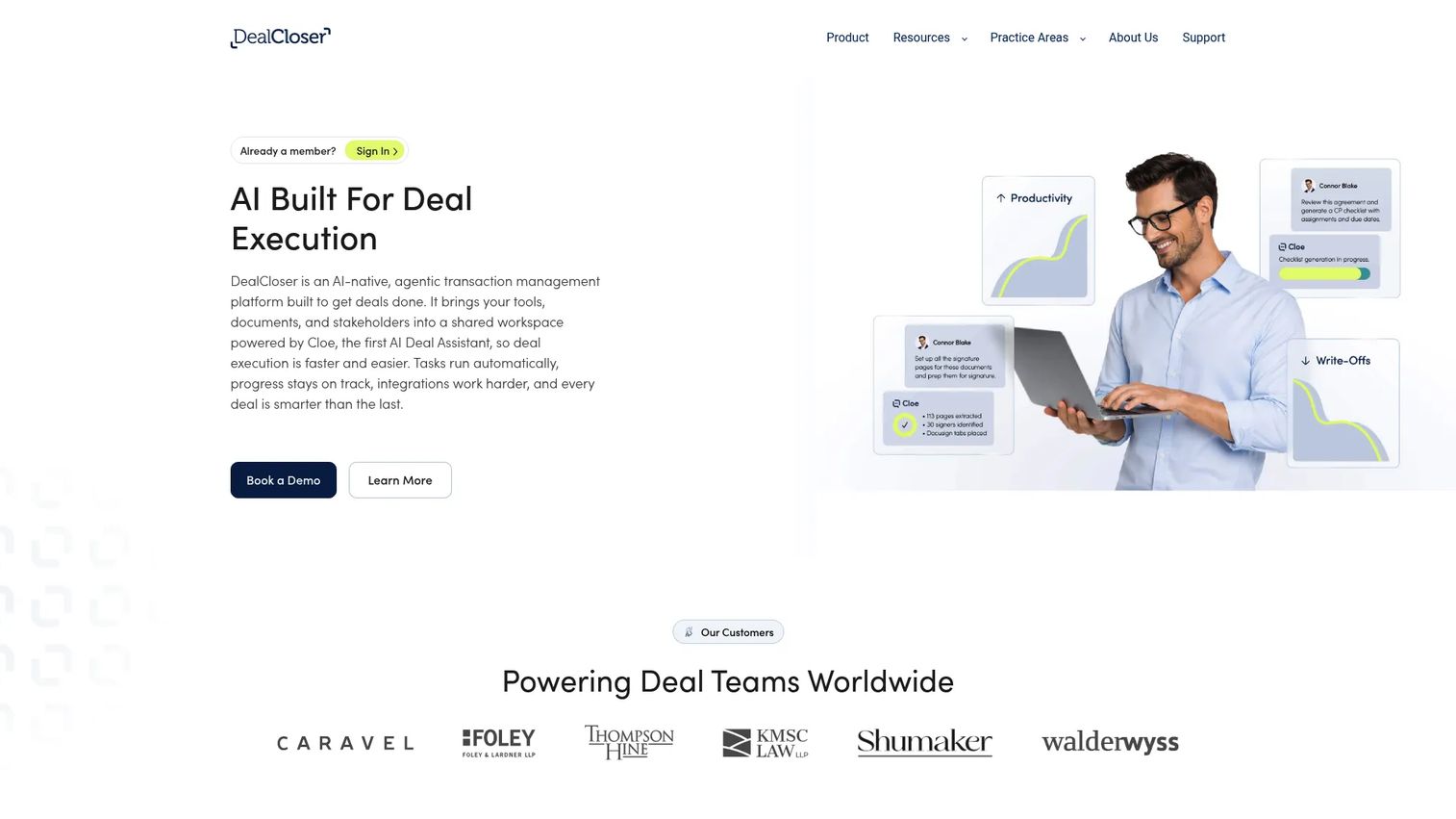 dealcloser homepage showing digital closing workflow and transaction management platform