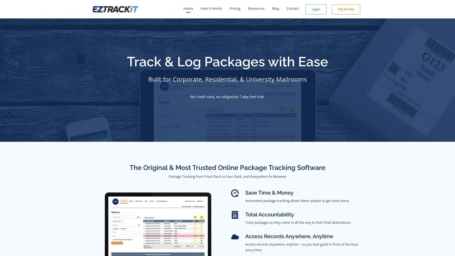 EZTrackIt package tracking software for mailroom logging and delivery confirmation.