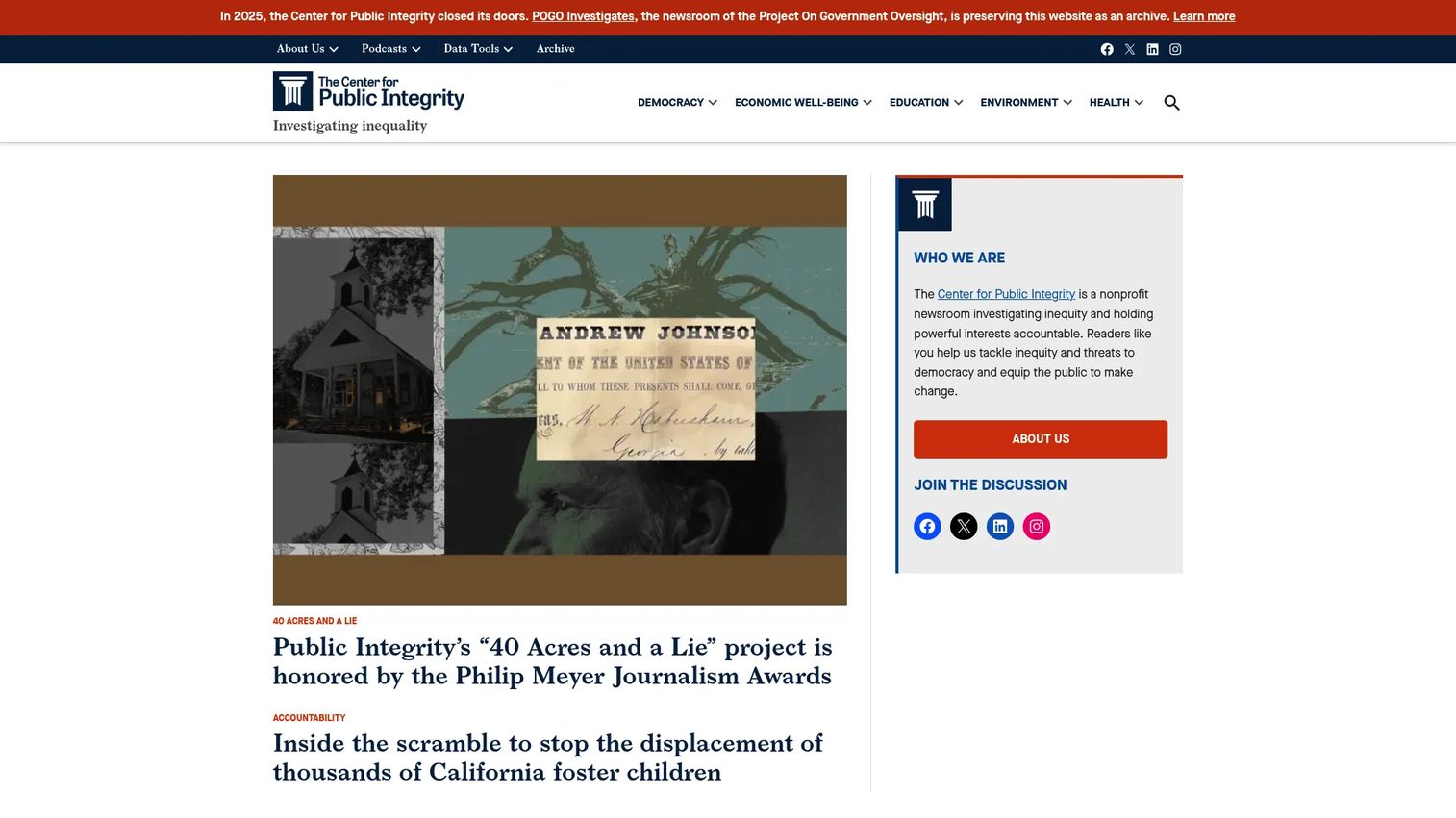 Center for Public Integrity homepage showing accountability journalism and investigative reporting