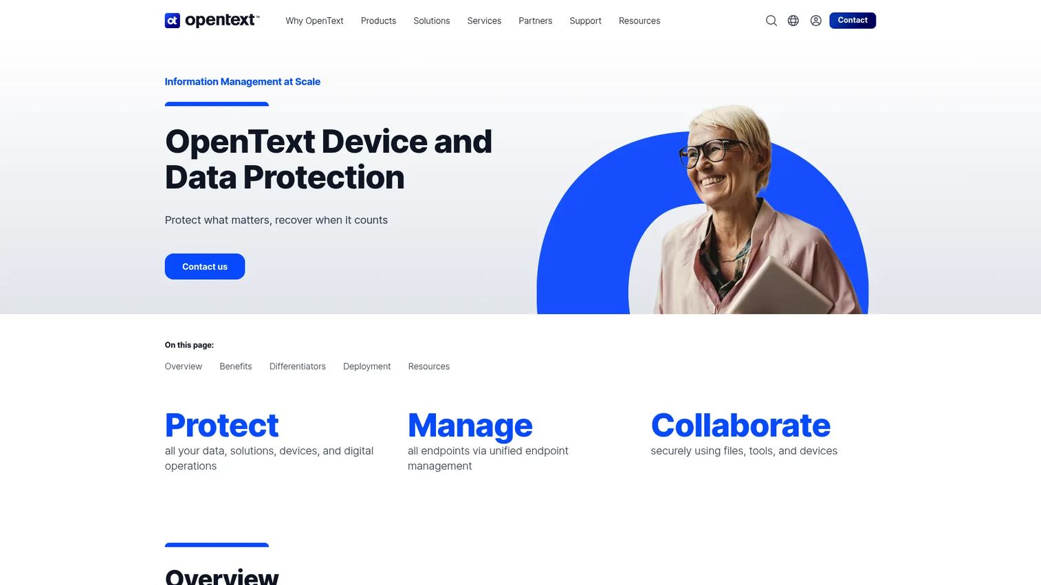 OpenText Availability product page showing high availability and disaster recovery software features
